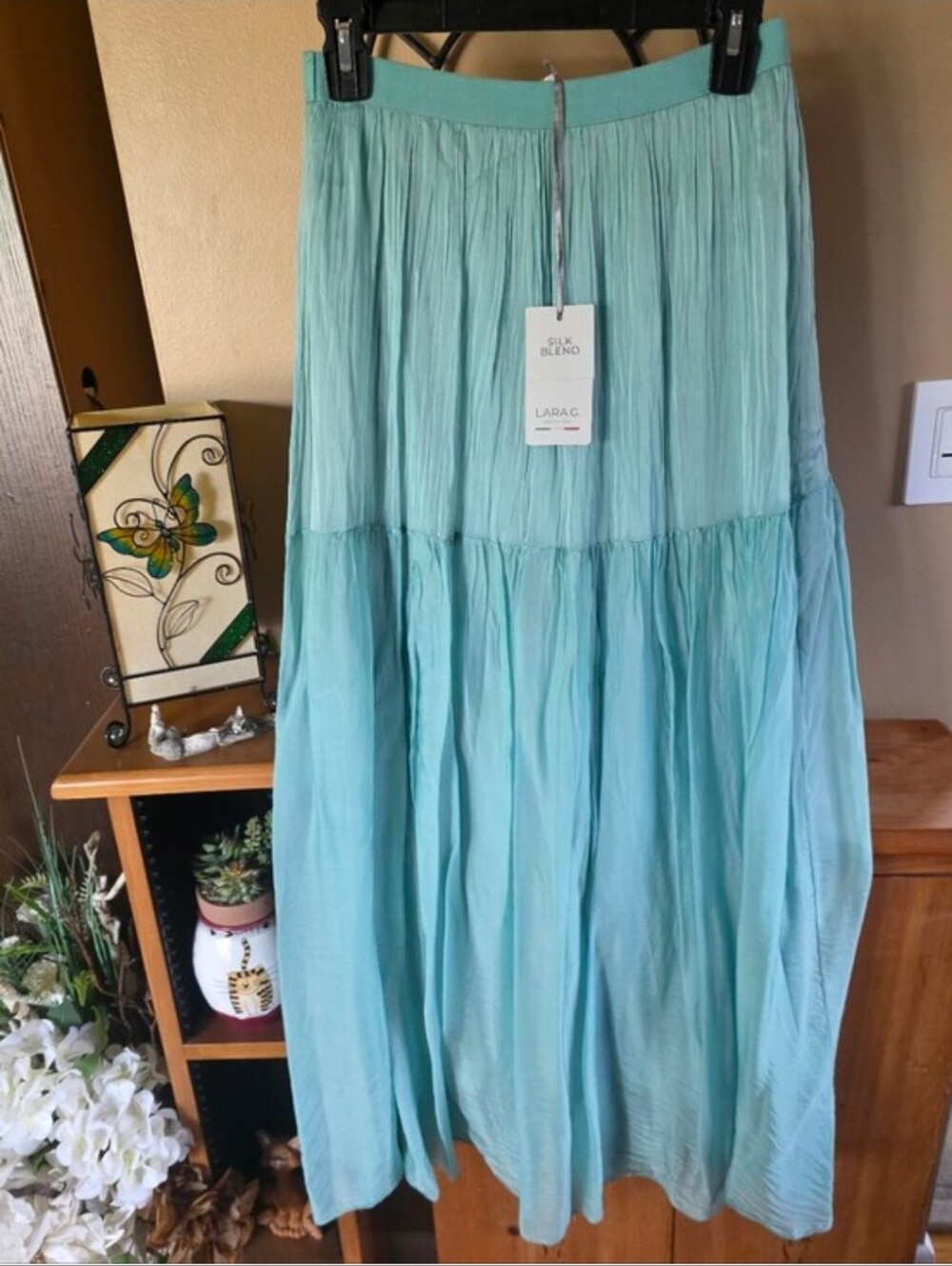 🆕️ LARA G. Mint Aqua Tiered Silk-Blend Maxi Skirt Made In Italy Size M